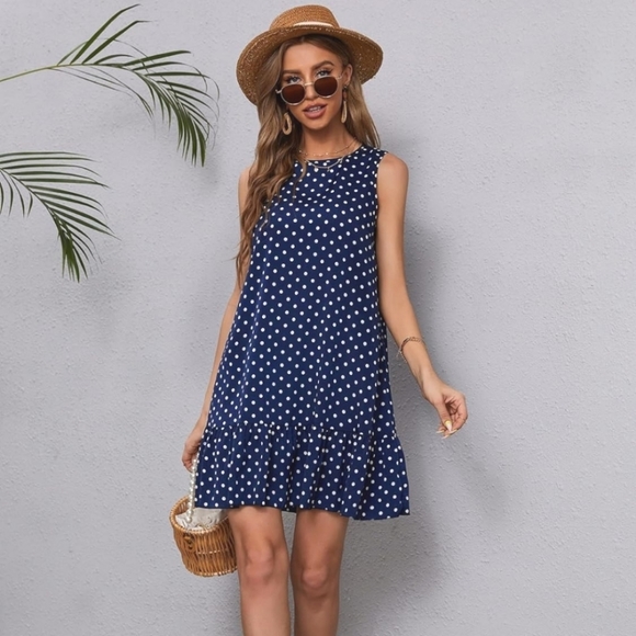 Navy Blue Midi Dress, white polka-dots, sleeveless, lightweight, comfort XL 14 - Picture 6 of 6